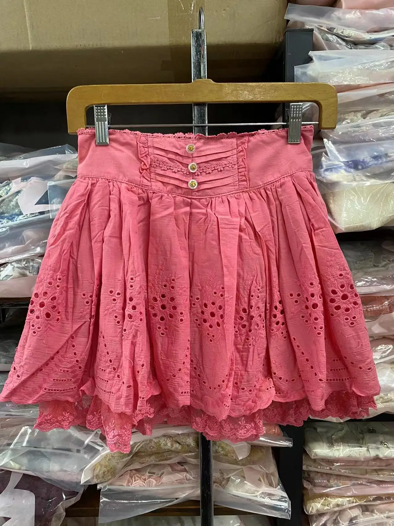 

Sales Japan Liz Lisa Cotton Watermelon Red Skirts Lace Embroidery Burn Out Buttons Skirt