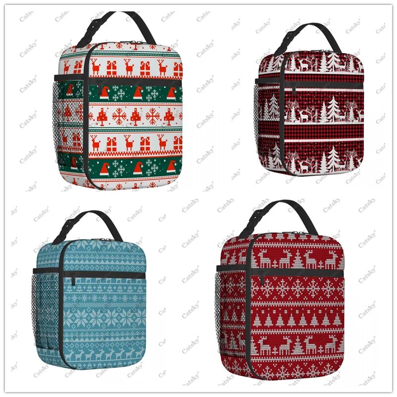 

Knitted Christmas Pattern Portable aluminum foil thickened lunch bag waterproof and thermal insulation printed lunchs tote bags
