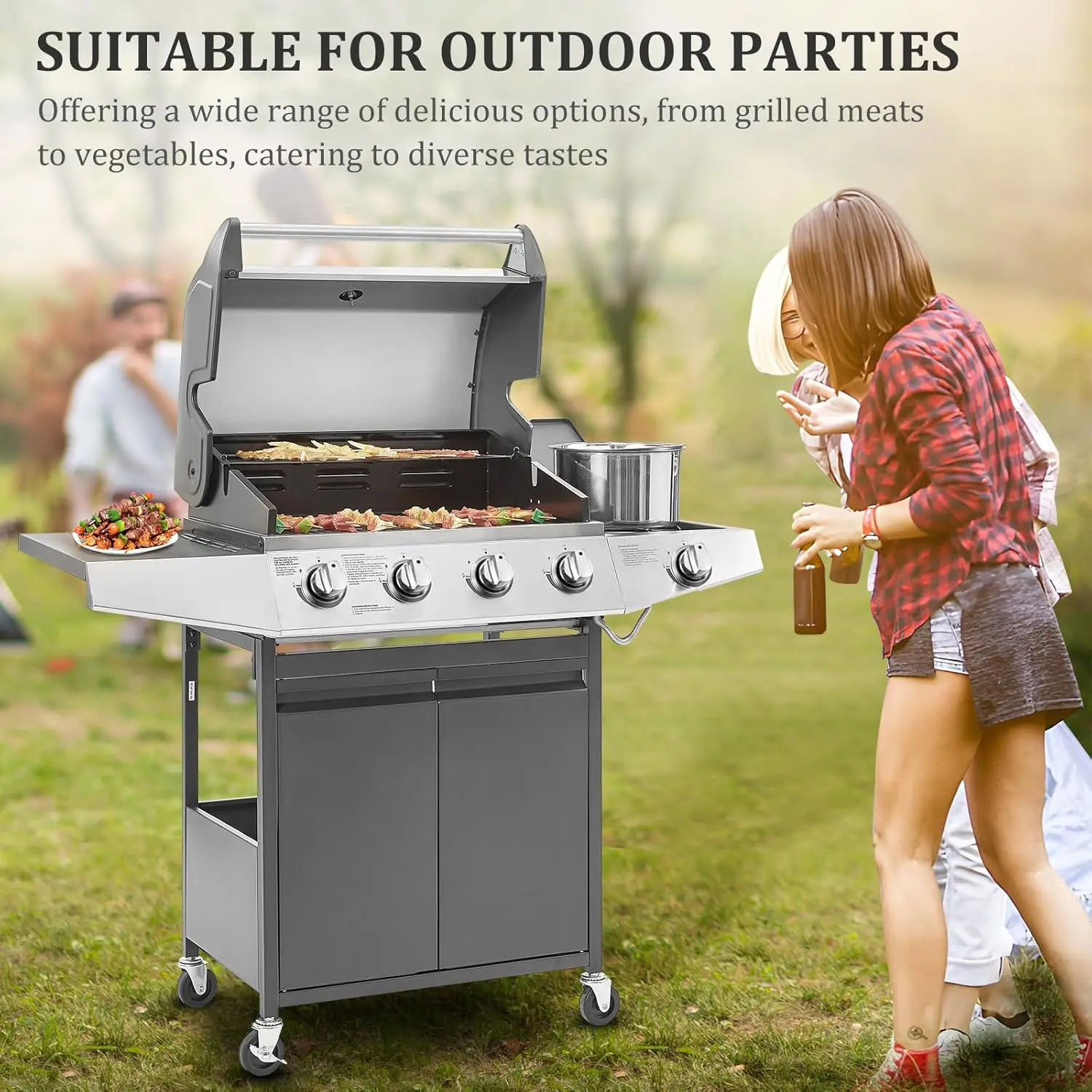4- Propane Gas BBQ Grill with Side Burner & Porcelain-Enameled Cast Iron Grates Built-in Thermometer, 49,000 BTU O 5