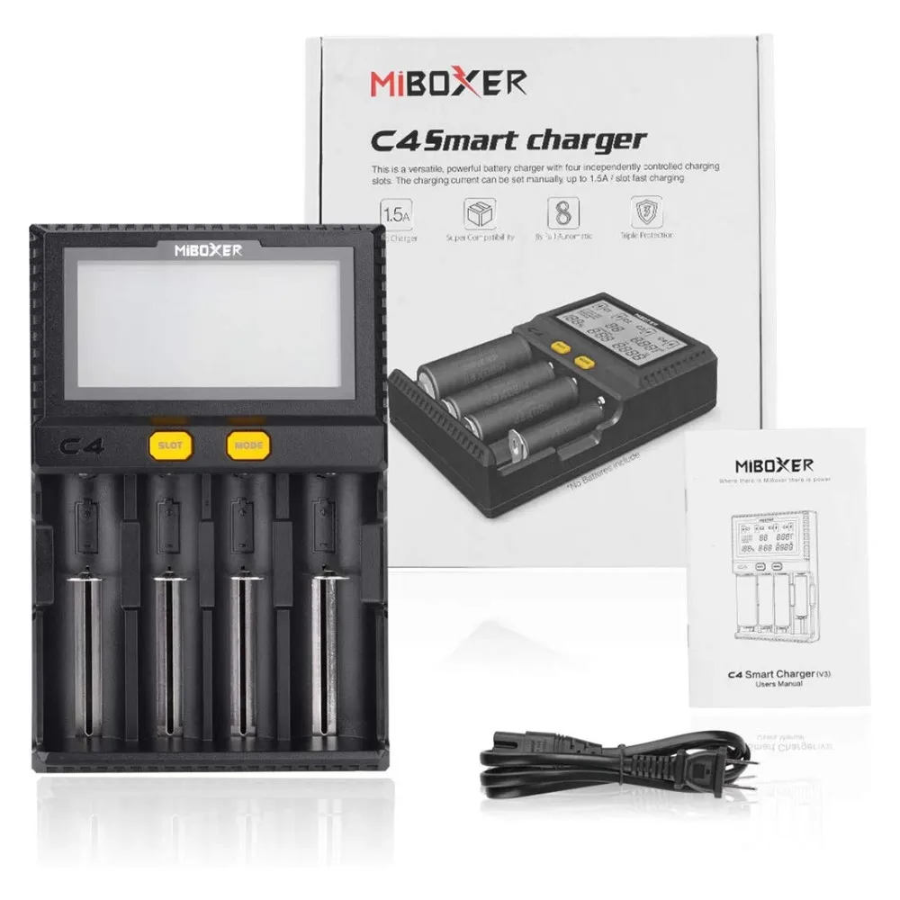 Miboxer chytrá baterie nabíječka C4 VC4 LCD s auto vykladače pro li-ion/imr/inr/icr/lifepo4 18650 14500 26650 AAA 100-800mah