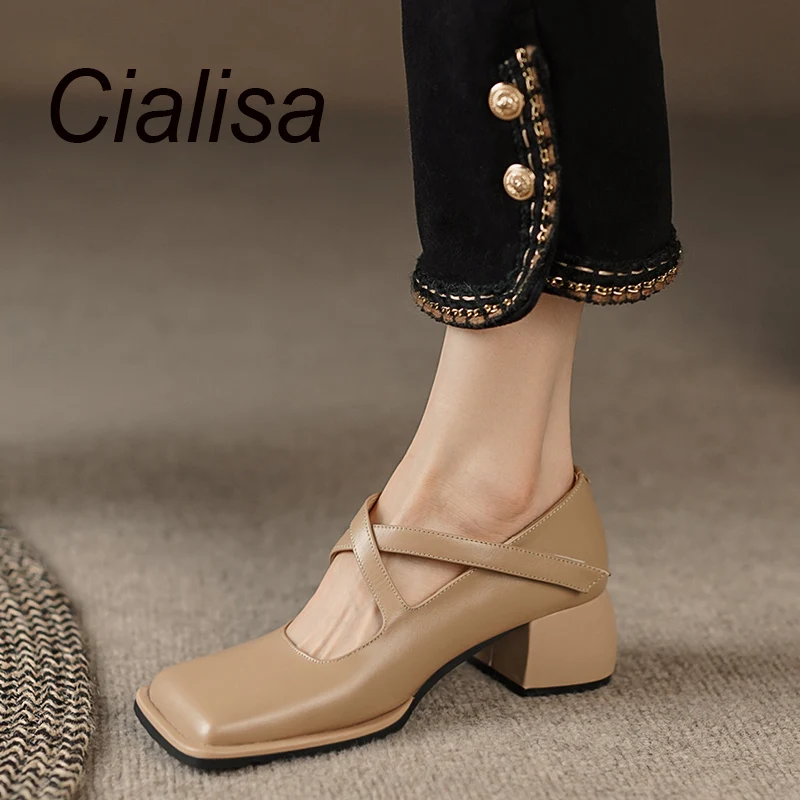 

Cialisa 2023 New Women's Shoes Spring Concise Square Toe Apricot Genuine Leather Handmade Dress Ladies 5.5cm High Heels Footwear