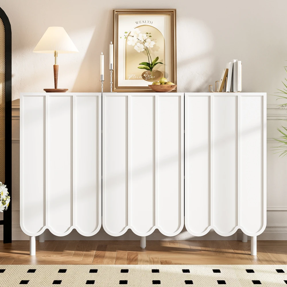 Modernes weißes Sideboard mit Wellpappentüren, grifffrei, verstellbare Regale, Stauraum für Wohnzimmer, Flur, Esszimmer – Detail 1