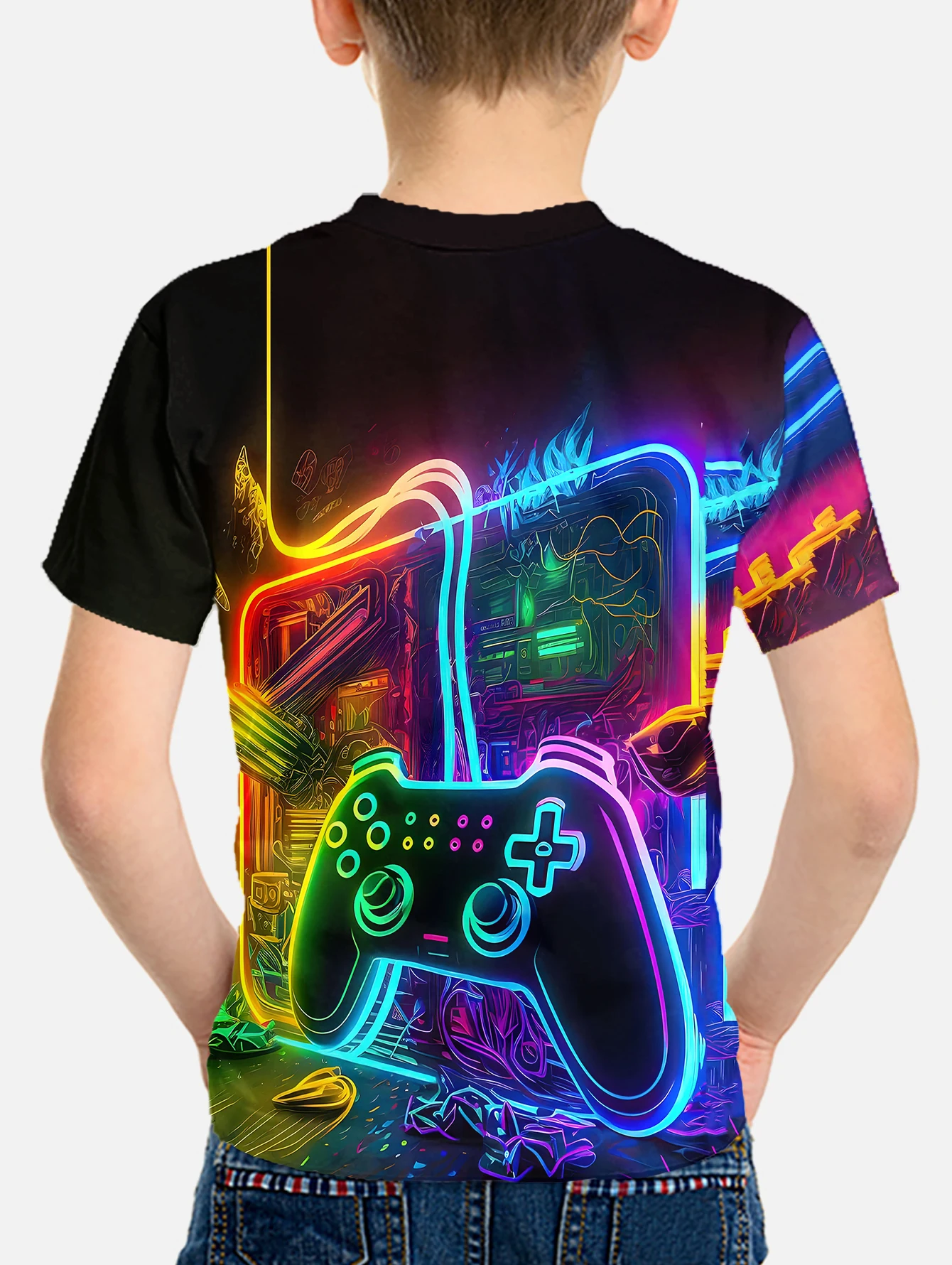 Child T-shirt Children Top Shirts Cool Game Controller Short Sleeve Korean Children's Clothes 2024 Kids Spring Clothes Tops Boy 2