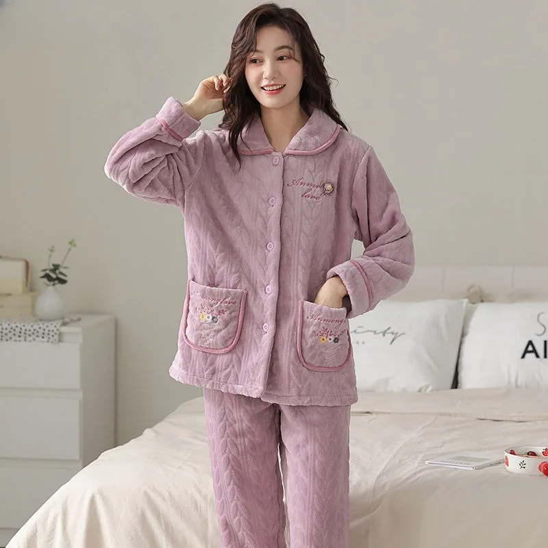 Flannel Pajamas Autumn Winter Women Cardigan Loose Velvet Thickened Homewear Female Warm Large Size Coral Fleece Sleepwear Sets