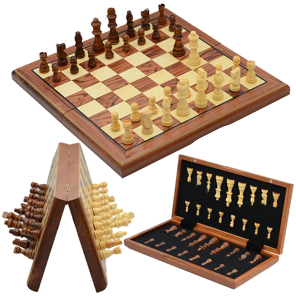 

39CM International Chess Wooden Magnetic Folding Checkerboard Solid Wood Set Interesting Table Board Game with Double Queen Gift