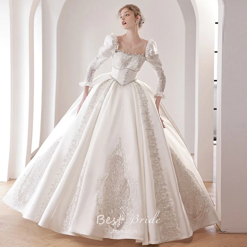 Элегантное благородное бальное платье, свадебное платье, принцесса, искусственная аппликация, пышные рукава, свадебное платье, платье для невесты свадебное платье принцессы анны тюль сердечко иллюзия цветы аппликации свадебное платье для невесты индивидуальные