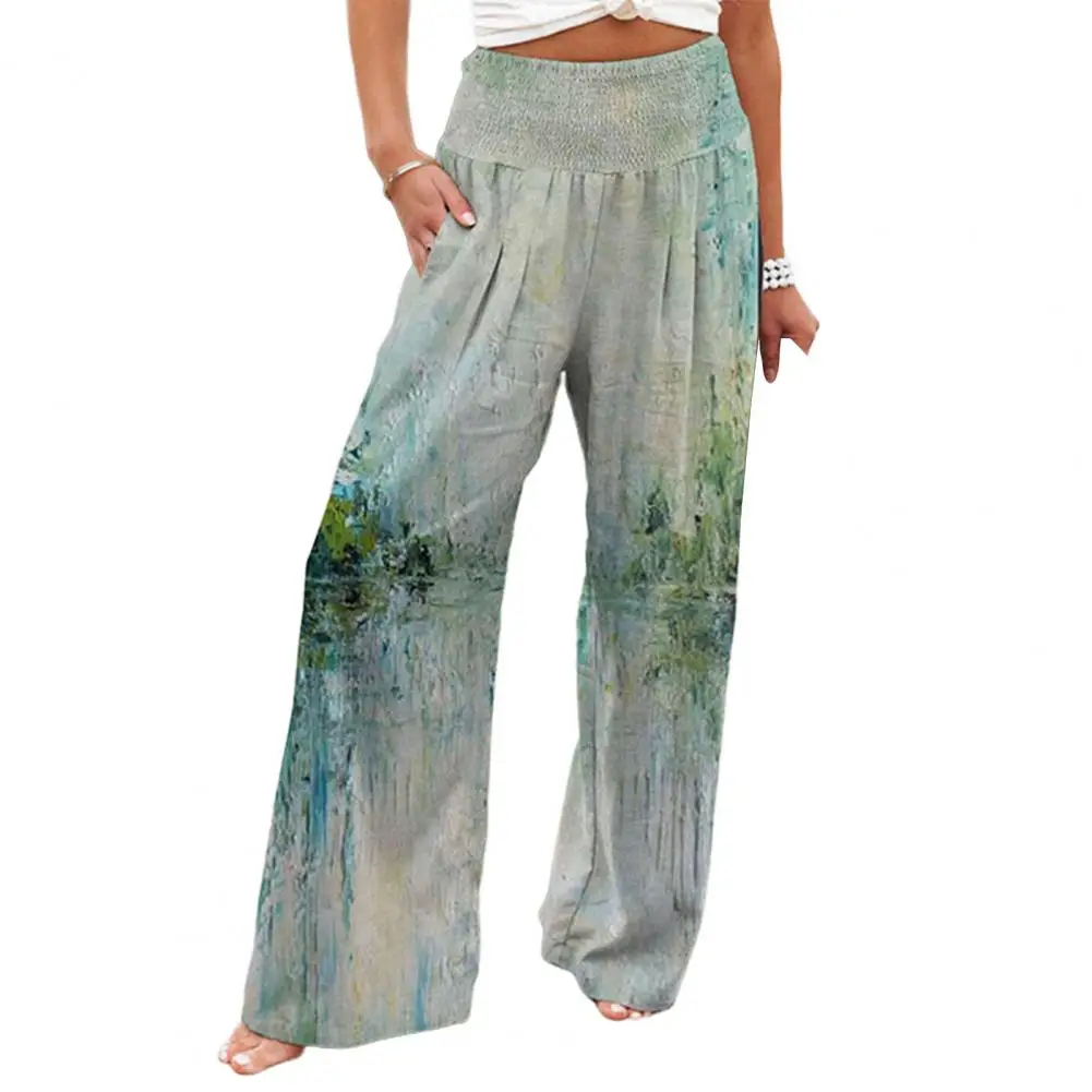 

Modal Fiber Wide-leg Pants Women's with Elastic Waist Pockets Tie Dye Print Trousers for Spring