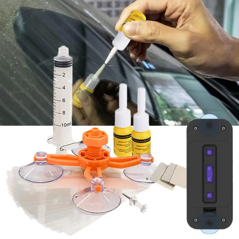 Windshield Crack Repair Kit With Suction Cup UV Lamp Car Glass Crack Repair Liquid Quick Repair Kit For Chips Star-Shaped Cracks 6