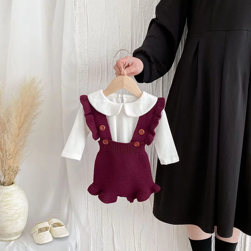 Baby Rompers 0-3T Girls Overall Baby Cute 3 Colors Knitted Flare Shoulder Strap Bodysuit Infant Sweet Rompers