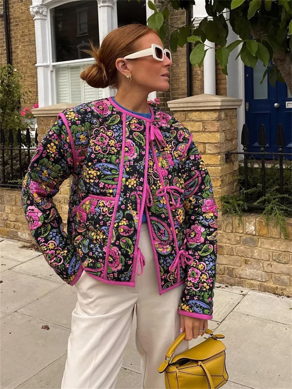 

Women Colorful Printed Lace-up Cotton Jacket Autumn Winter O Neck Long Sleeve Warm Coat Female Vintage Street Coats