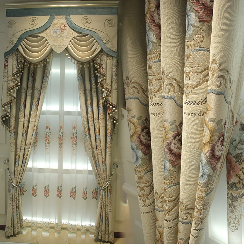 

Custom curtains new European luxury high-end chenille thick living room beige cloth blackout curtain tulle valance drape C939