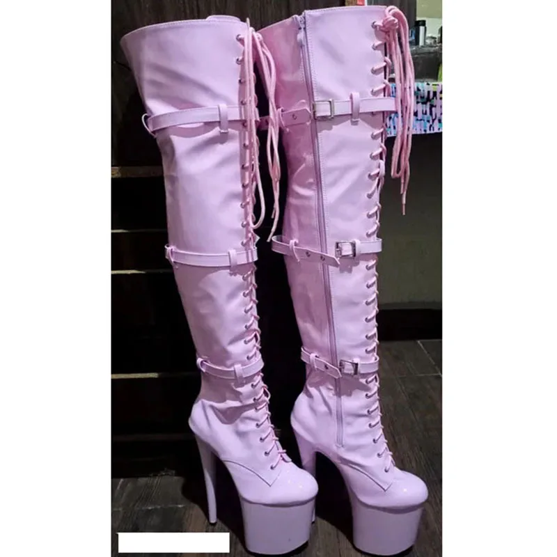 

Pink 12-23cm high heels, buckle size adjustment, round head dancer fashion sexy runway performance, to thigh boots