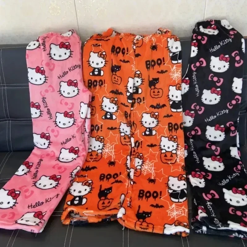 Anime Sanurgente Hello Kitty Pyjama en laine pour femme, dessin animé chaud, pantalon décontracté pour la maison, mode Kawaii, automne, hiver, FJM, Y2K