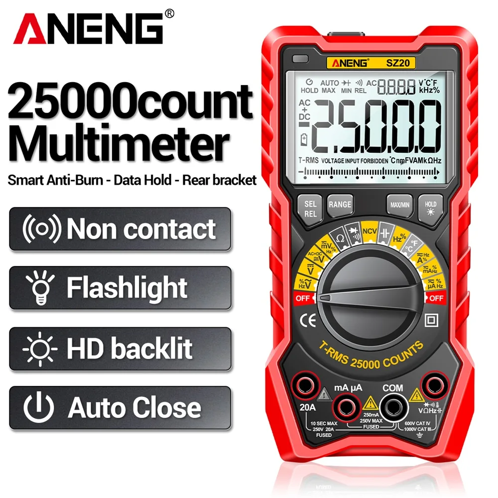 

ANENG SZ20 25000 Counts Automatic Multimeter LCD Backlight Display Capacitance Meter Strip Illumination Portable for Automotive