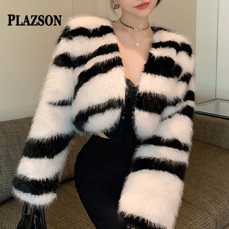 

PLAZSON Fluffy Faux Fur Women Short Coat Cardigan Tops Y2K Zebra Striped Print Fake Fur Crop Jackets Fashion Winter Streetwear