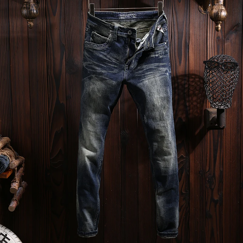 Italian Style Fashion Men Jeans Retro Blue Elastic Slim Fit Ripped Jeans Men Vintage Trousers Casual Designer Denim Pants Hombre