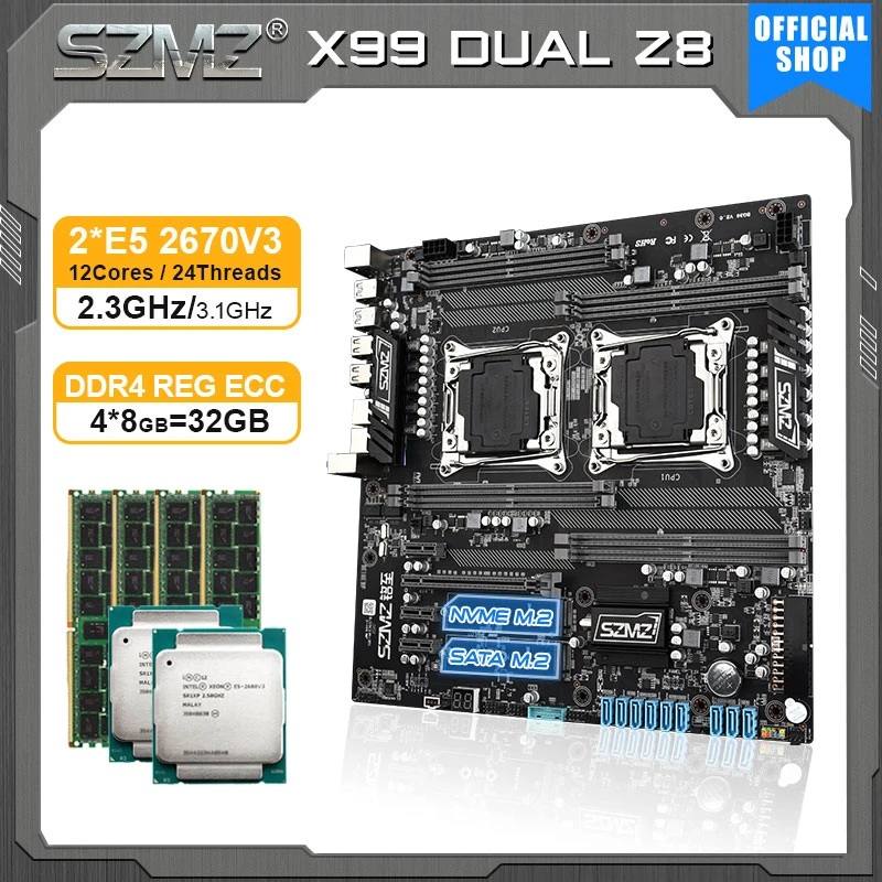 Szmz-マザーボードセット,デュアルCPUマザーボードアセンブリ,2つの2011  v3プロセッサ,32GB,ddr4メモリ,ベースプレート,2670キット
