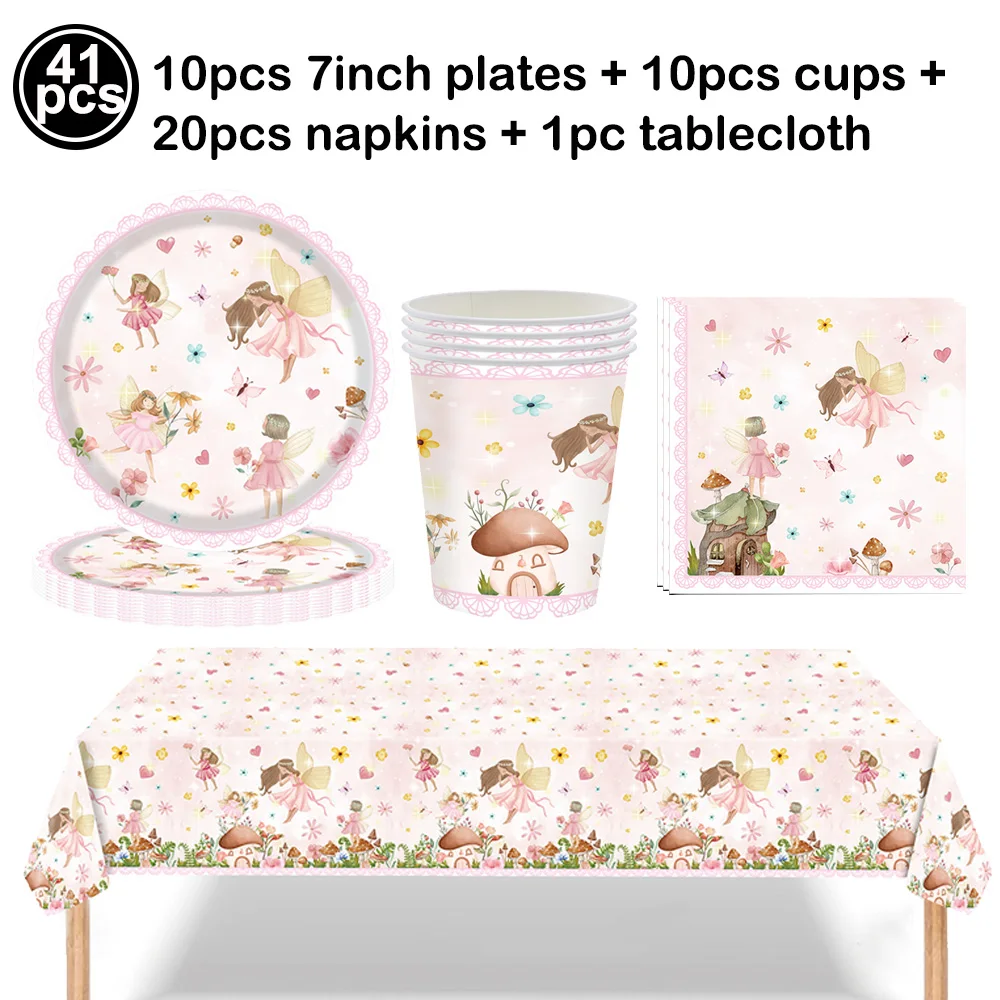Pink Butterfly & Flower Fairy Disposable Party Tableware Set - Plates, Cups, and Napkins