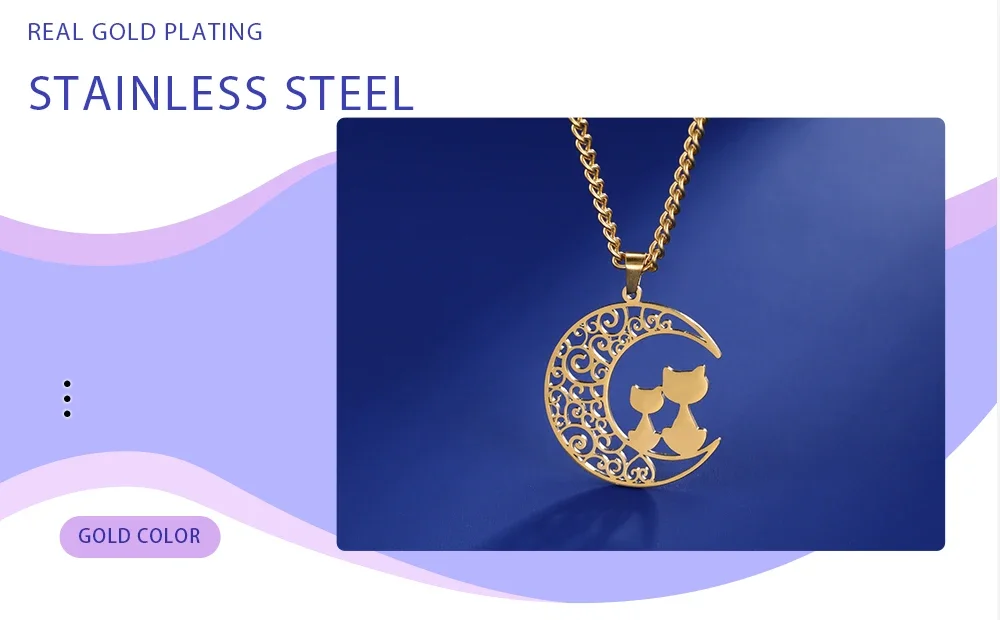Stainless Steel Cat & Moon Necklace
