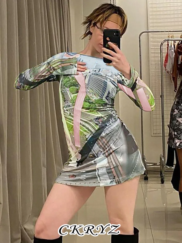 

Ckryz-Women's Tie Dye Print Long Sleeve O-Neck Mini Dresses, Sexy Bodycon, Club Streetwear, Fall Outfits, New Fashion, Y2K