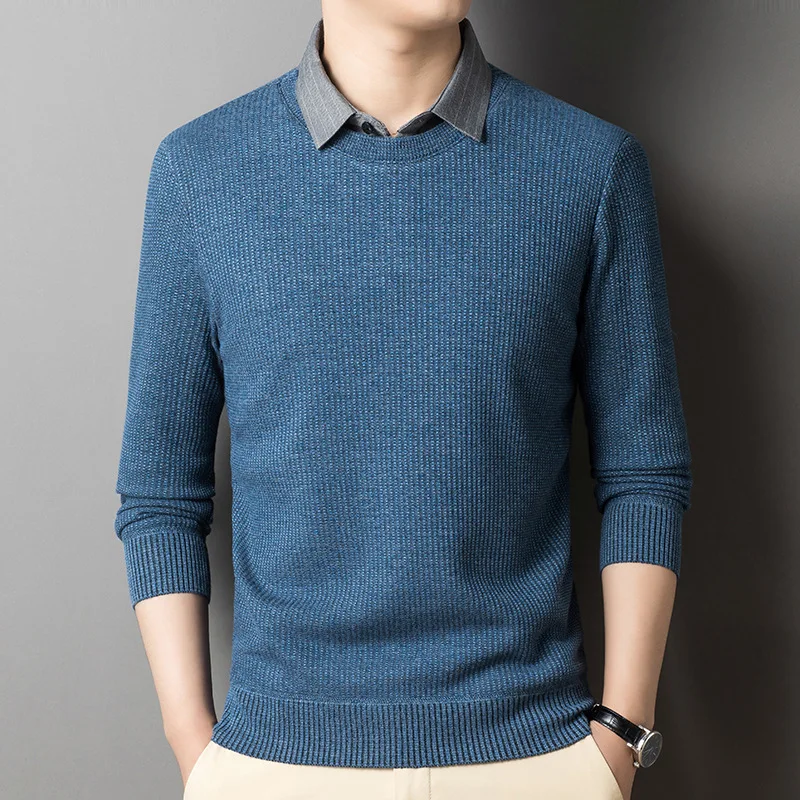 Autumn Winter Men's Pullover Turn-down Collar Solid Screw Thread Long Sleeve Sweater Knitted Undershirt Loose Casual Formal Tops