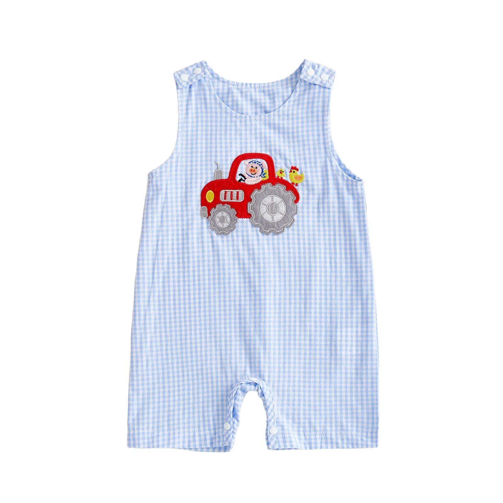 Infant Boy Country Style Overalls Sleeveless Round Neck Farm Tractor Applique Checkered Romper Suit