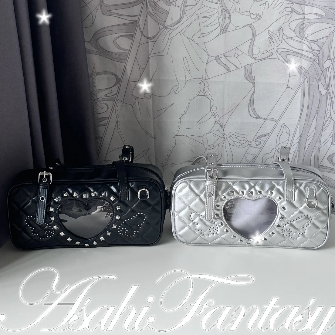 Borsa a tracolla lolita rosa trasparente con borchie e tasche_voghion.com