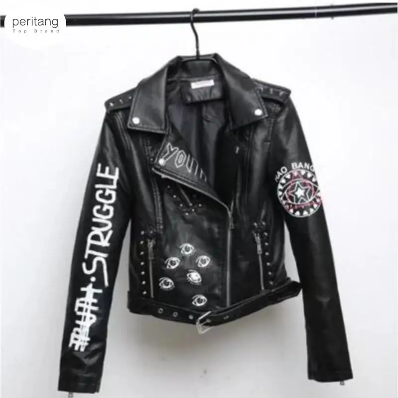 

Spring Autumn 2024 New Rivets Letters Print Motorcycle Leather Short Fashion Hip-hop Jacket Women's Coats Female Outwear