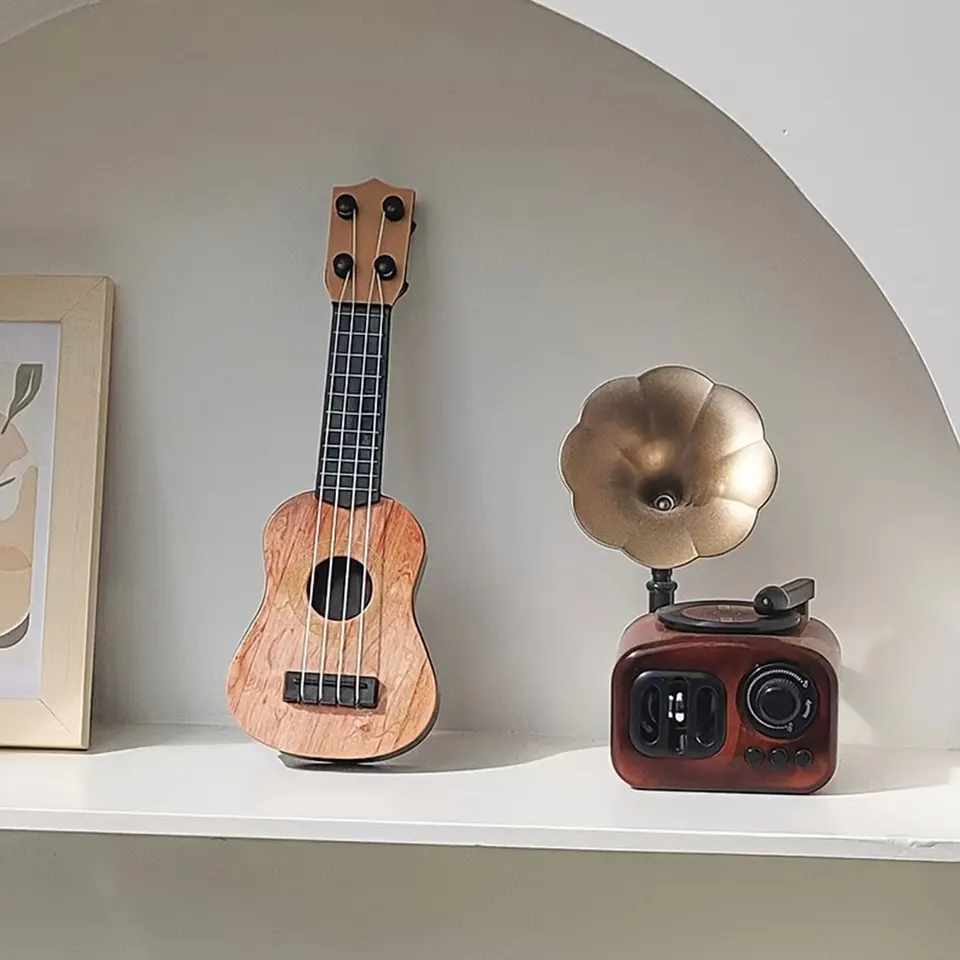 Miniature Wooden Guitar Model With Stand & Case - Small Dollhouse Accessory, Musical Instrument Display, Or Home Desk Decor (#04 Brown)