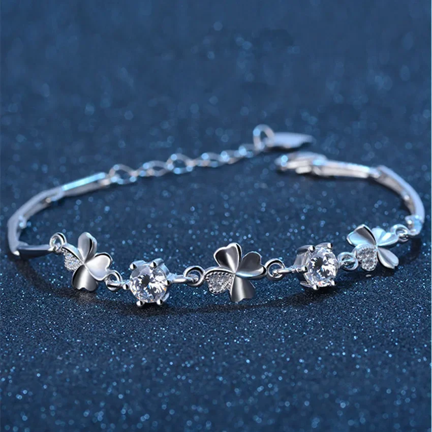 gorgeous 925 sterling Silver Zircon Lucky Clover Bracelets
