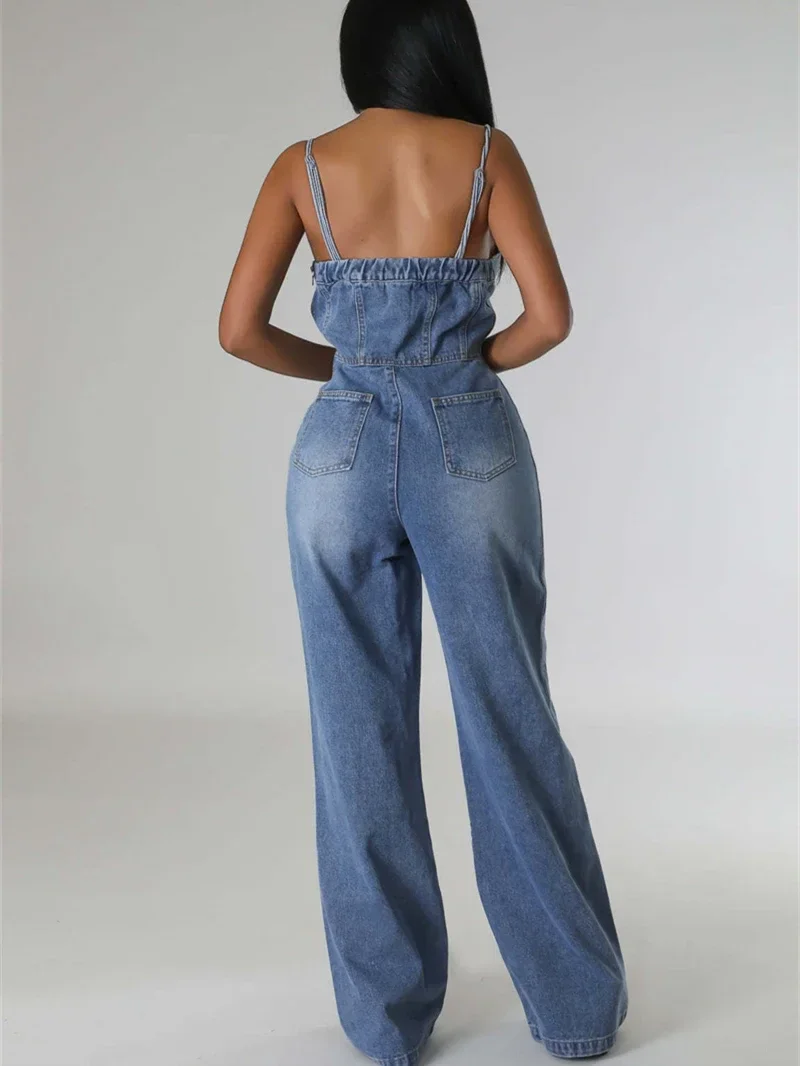 Streetwear Jean Spaghetti Strap Jumpsuits Women Summer Y2K Clothes Button Up Denim Rompers Playsuits One Pieces Overalls Outfits