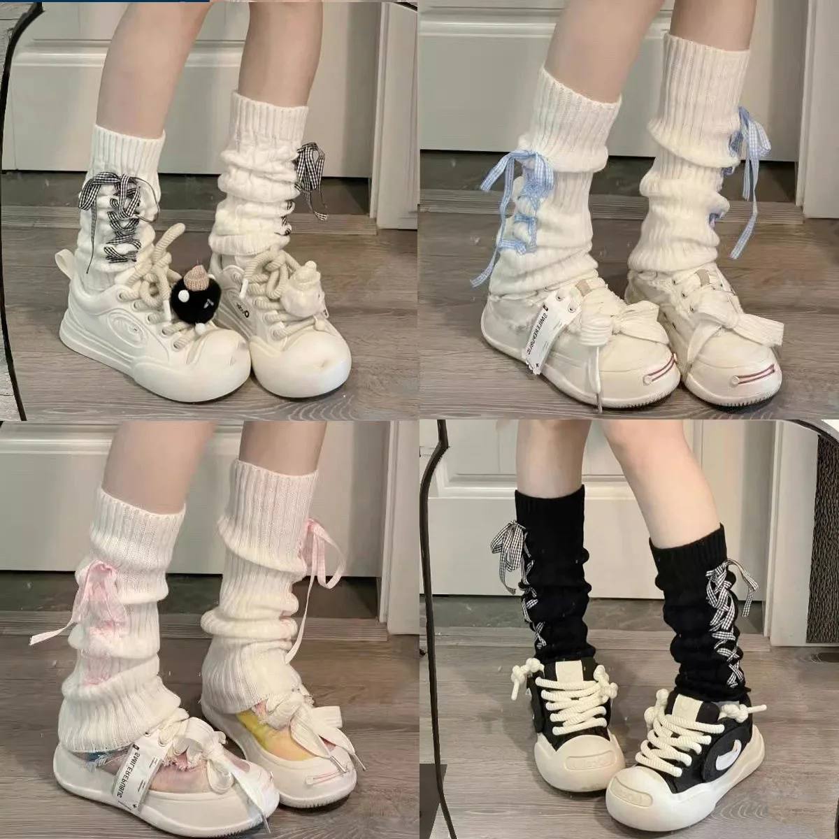 Harajuku Y2k Girls Cute Bow Knitted Leg Warmers Socks Japanese Lolita Kawaii Sweet JK Pink Ruffles Knitted Warm Leg Cover