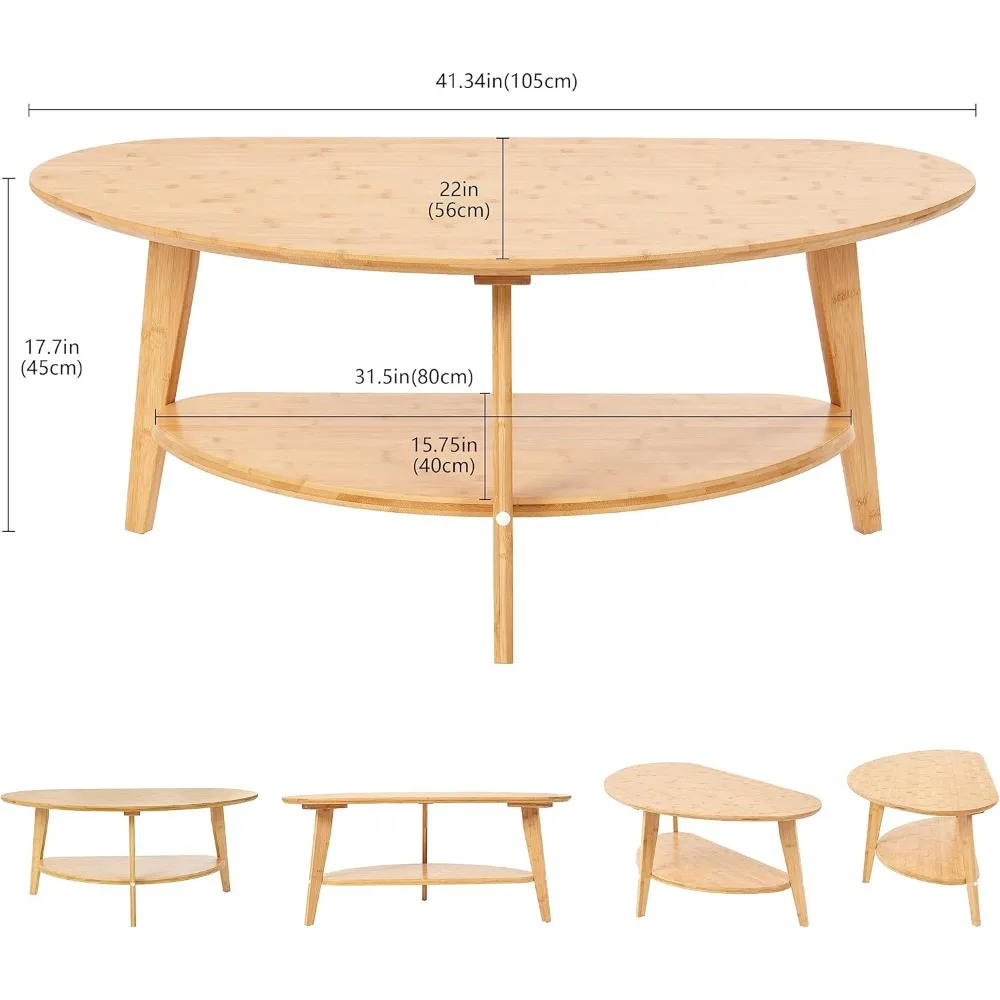 Mid Century Modern Coffee Table with Storage Shelf, Medium Oval Coffees Tables for Living Room
