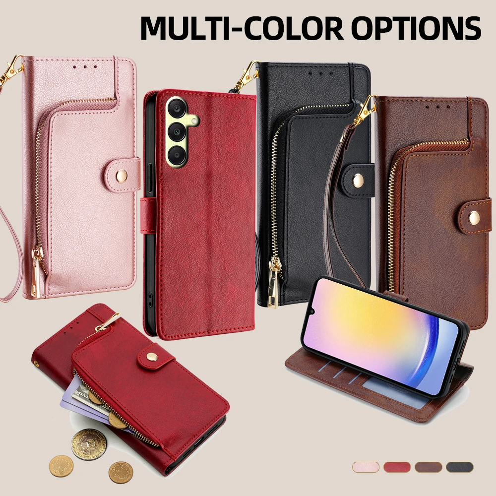 Luxurious Leather Flip Phone Case with Zipper Wallet and Card Slots Holster