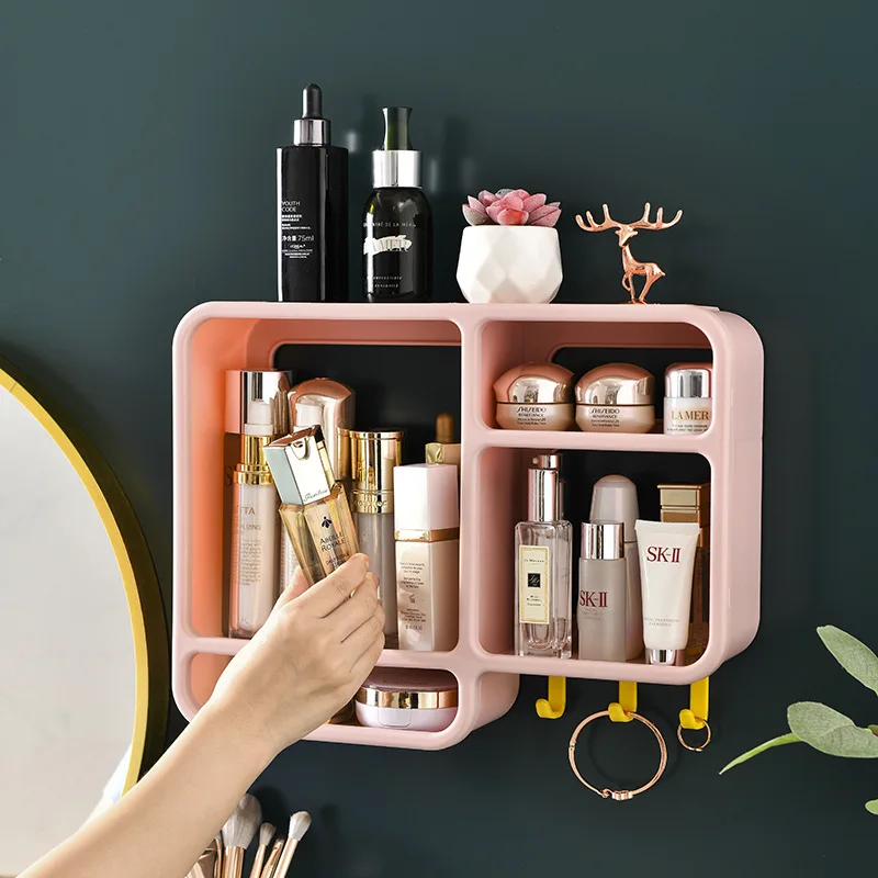 Wall-mounted Cosmetic Storage Box Free Punching Dust-proof Bathroom Wall Rack Makeup Organizer Lipstick Skincare Containers 3