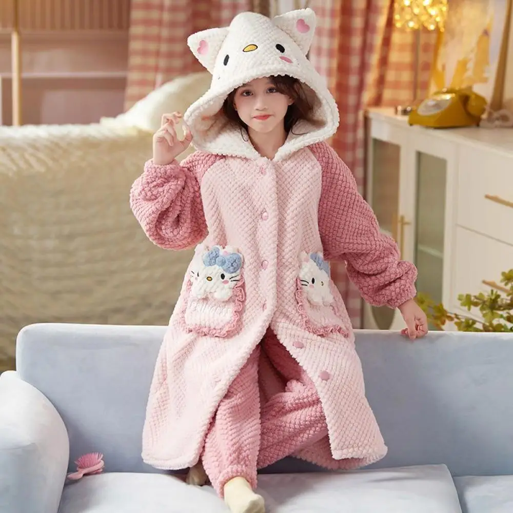 Sanrio My Melody Cinnamoroll Hello Kitty Girls Coral Velvet Thickened Nightgown Winter Thermal Pajamas Children's Home Clothes images - 6
