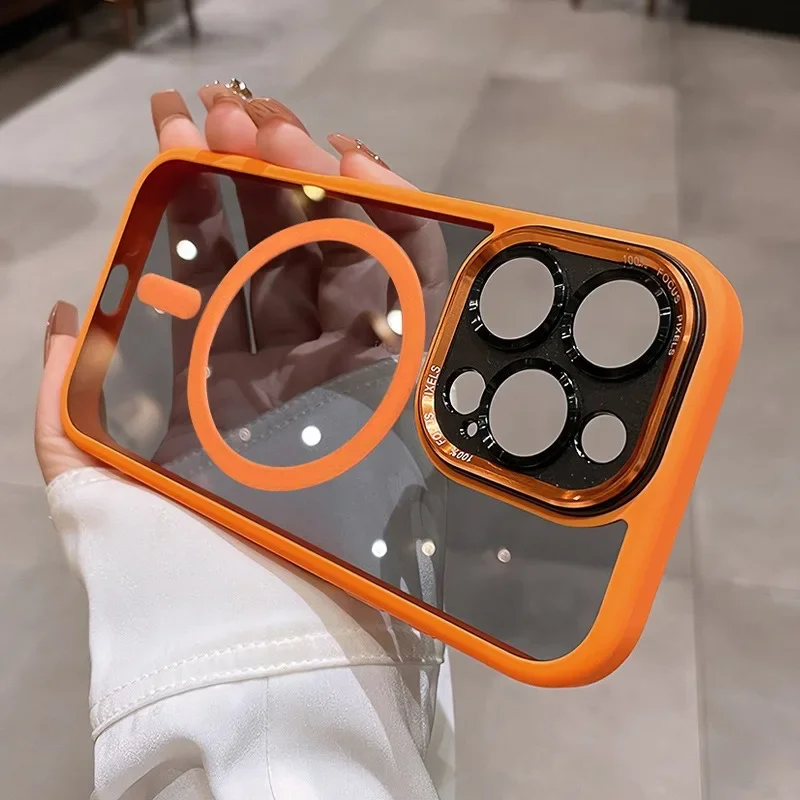 Luxury Magnetic Metal Lens Bumper Protection Case with Magsafe Acrylic Translucent Cover