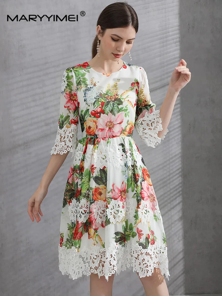 

MARYYIMEI Spring Summer Fashion Women's Elegant dress Flare Sleeve Embroidery Print Patchwork Water Soluble Flower Dresses
