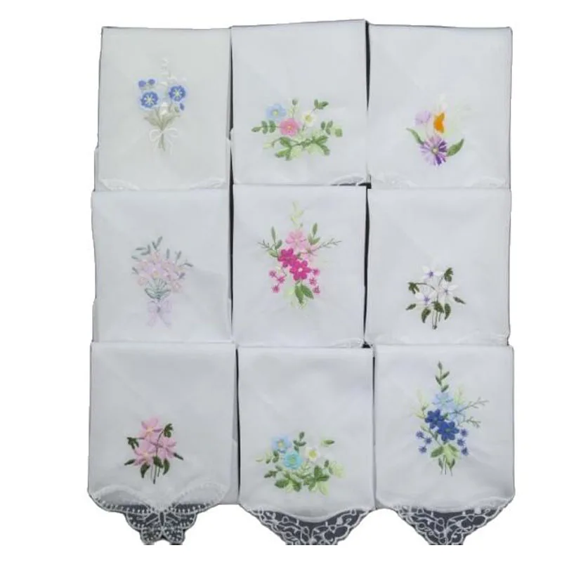 3PCS Fashion Cotton Women Hankies Embroidered Lace Flower Hanky Floral Random Color Cloth Ladies Handkerchief Fabrics gift