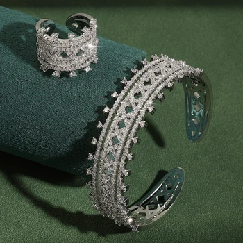 ZAKOL Luxury Shiny AAA Zircon Bracelet Ring Set for Women Adjustable Open Bangle Wedding Jewelry Sets Party Accessories 1