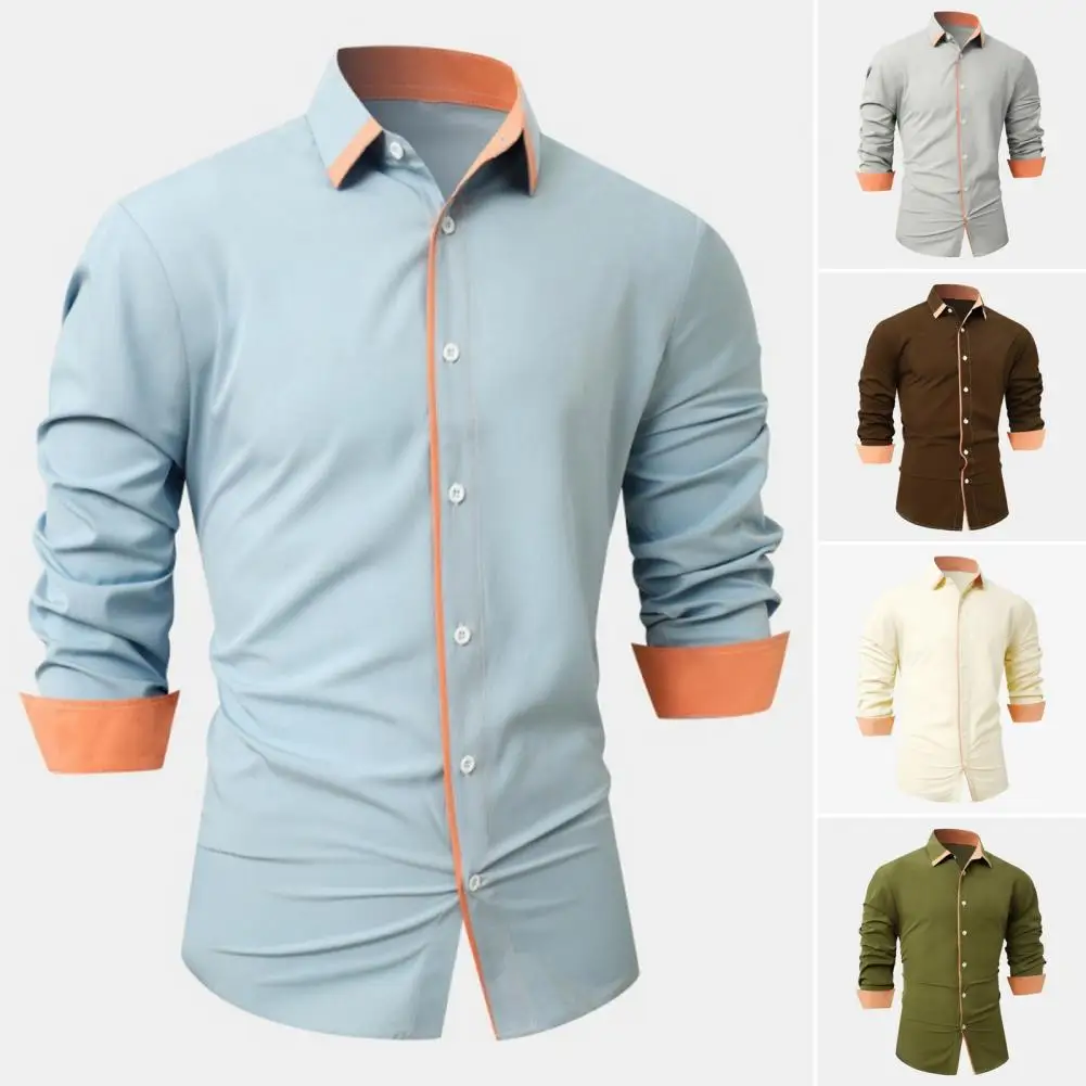 

Casual Colorblocked Shirt for Men Contrast Color Slim Fit Men's Shirt with Turn-down Collar Long Sleeve for Formal for Men