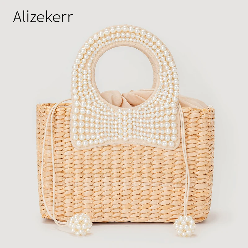 Pearl Bow Woven Beach Bag For Women 2022 Summer New Handmade Nature