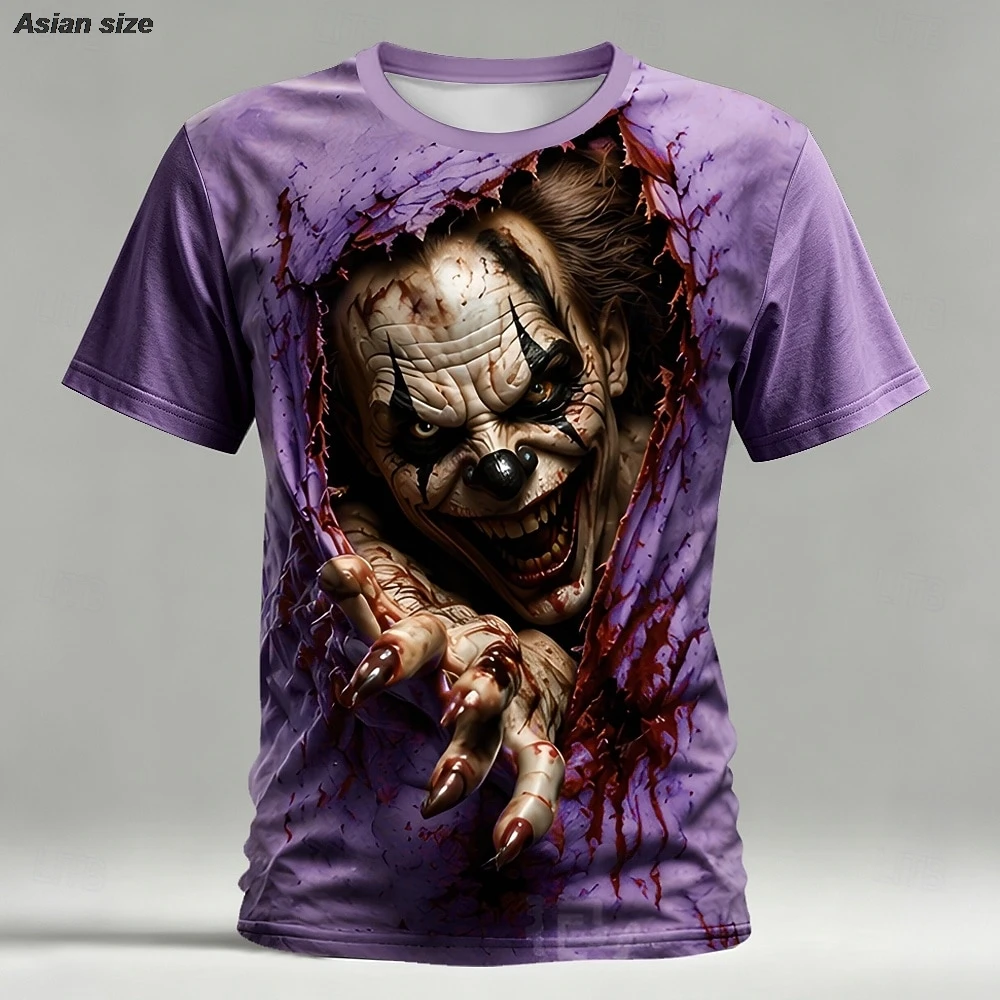 Halloween Herren Optische Illusion Gruseliger Clown 3D T-Shirt Kurzarm T-Shirt Rundhals-Shirt Horror Club Party Streetwear