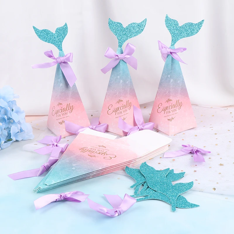 10pcs Mermaid Gift Bags Party Supplies Kids Birthday Gifts Mermaid Favor Bag Candy Boxes Baby Shower Chocolate Gift Box 
