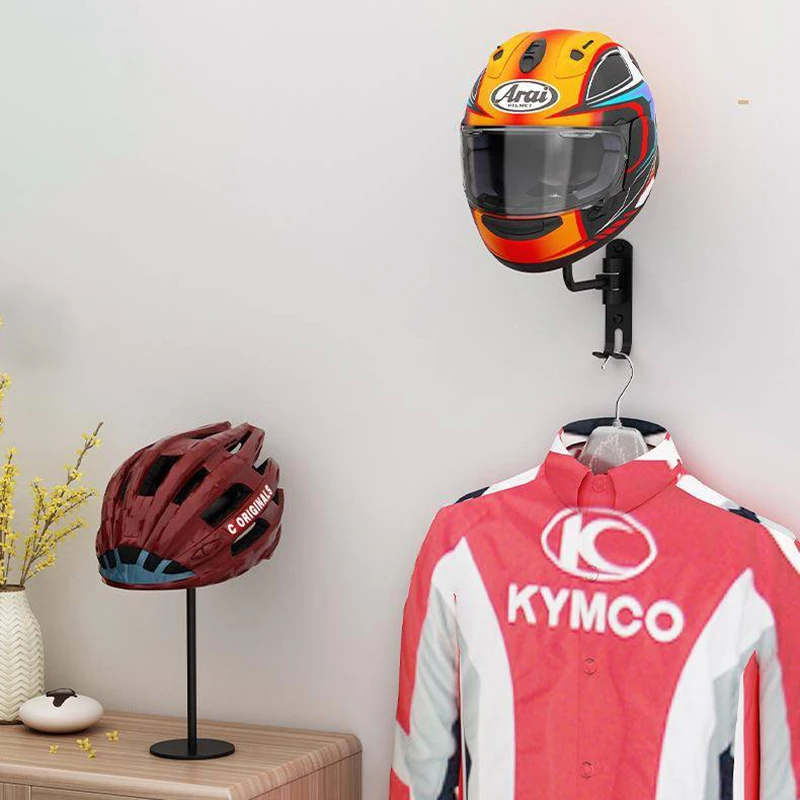 Motorcycle Helmet Rack No Drill Bike Helemt Hanger 180&deg; Rotation Helmet Display Holder With Hooks For Home Garage Organizer