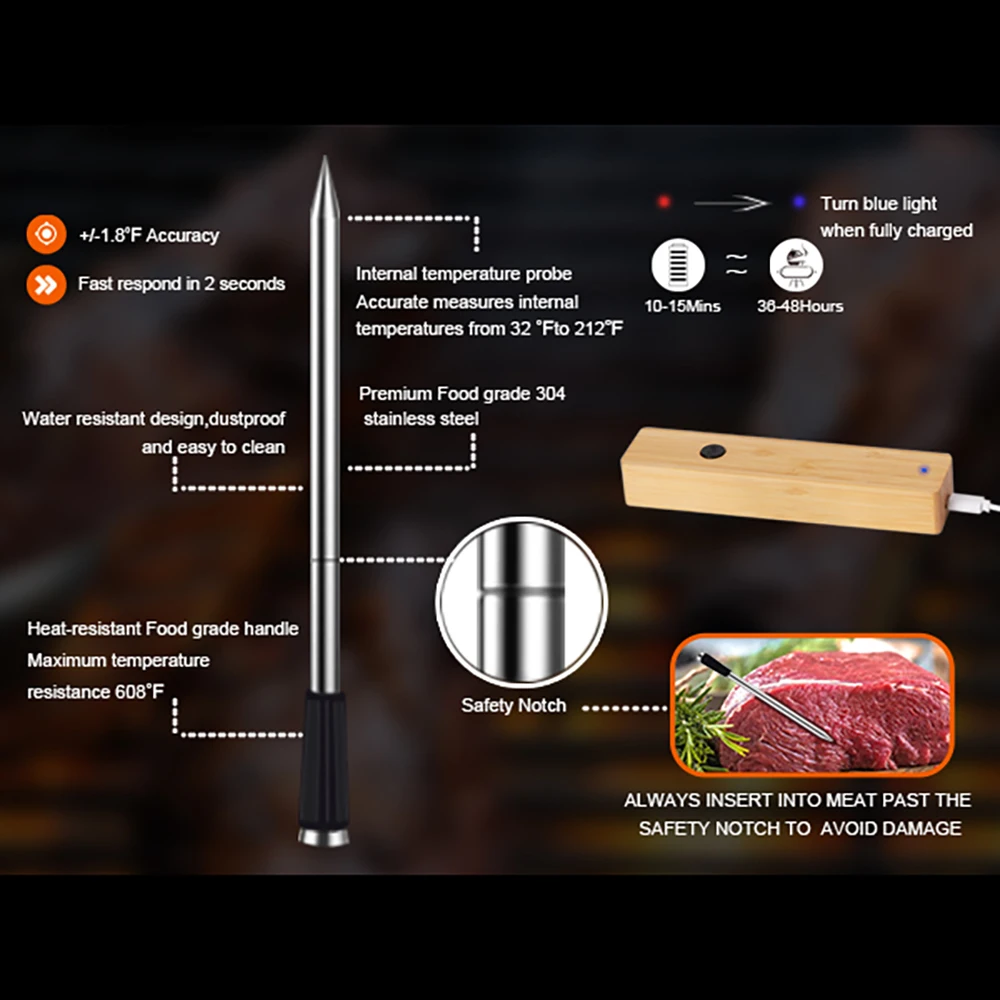 

Smart Wireless Alarm Vibration Bluetooth Grill BBQ Thermometer Mobile APP Instant Read Meat Stick Oven Food Thermometer Probe