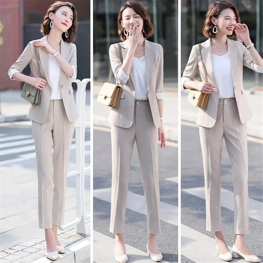 women's short suit set OL Spring Set Half Sleeves Pink One Piece Blazer Coats +Office Straight Capris Pants 2 Piece Suit Work Wear Plus Size 4XL Outfit ladies pant suits