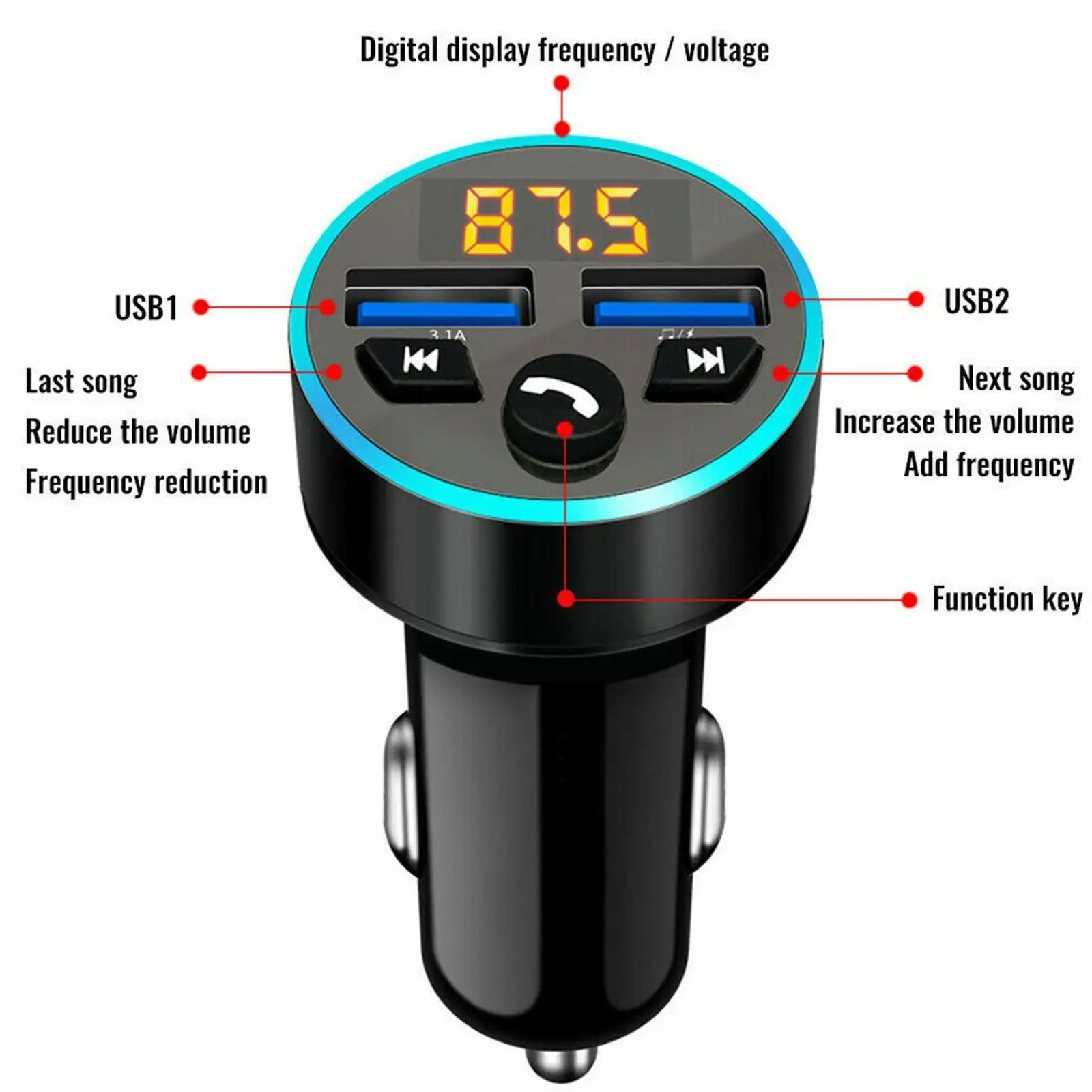 BT Fm ⷹ 2 Ʈ QC3.0   ڵ MP3 ÷̾ ű, 3.1A FM DC12-24V ,  I2J3, 1 