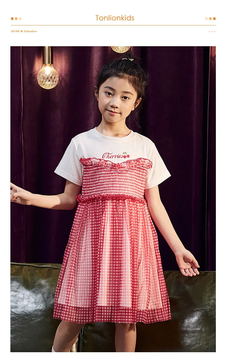 TON LION KIDS 2022 Summer Cute Tulle Fashion Short Sleeve Dress Patchwork Plaid Dress Ages 5-12 Girls Dresses Kids Dress christmas dress