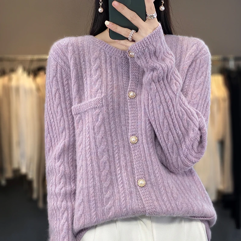 

Autumn and winter new 100% pure cashmere cardigan women's round neck twist sweater coat loose wool sweater outside